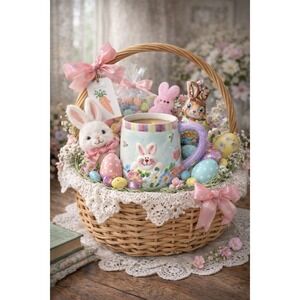 Cooks Club Spring Coffee/tea Mug Easter Bunny Rabbit Striped Cup Cottagecore